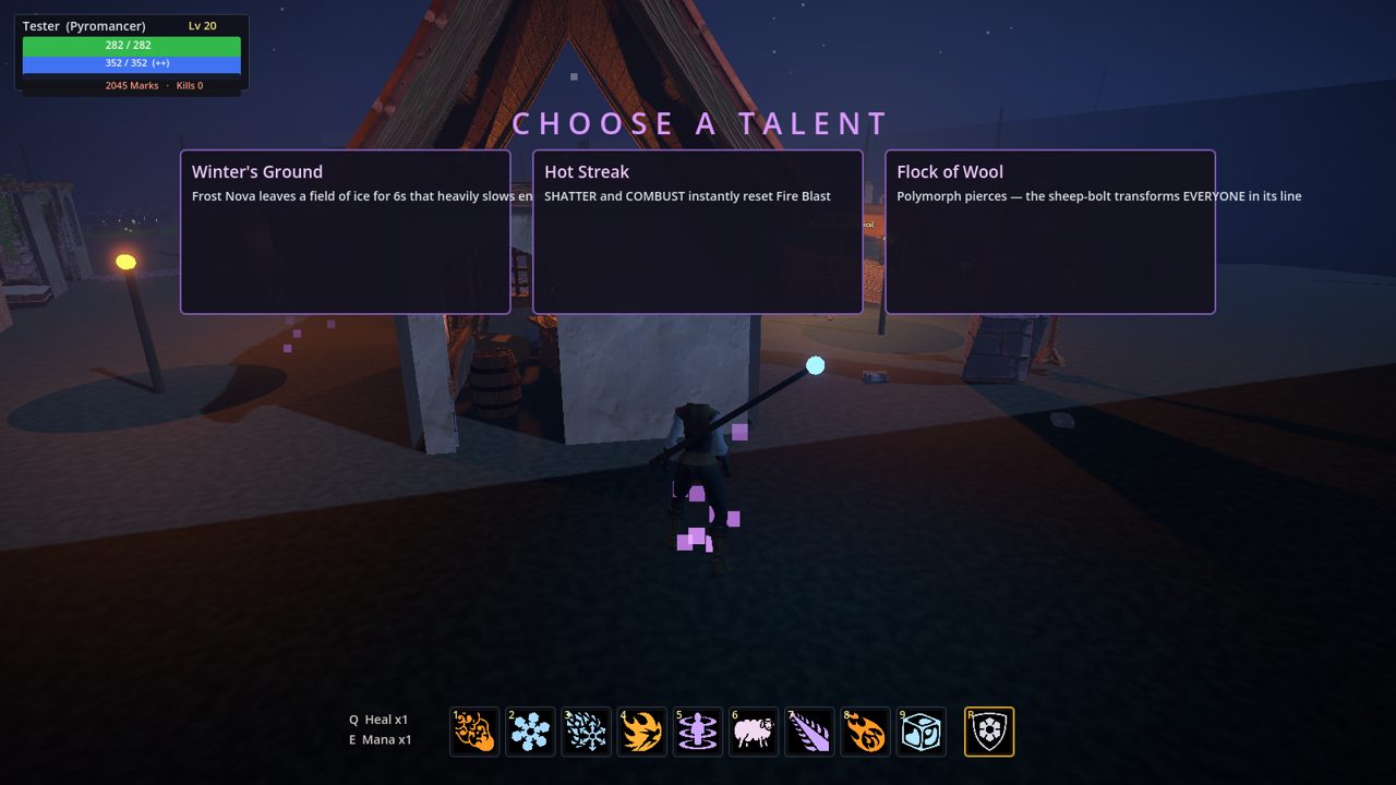 The Gloamvale hub — a campfire, a vendor, and the arena queue